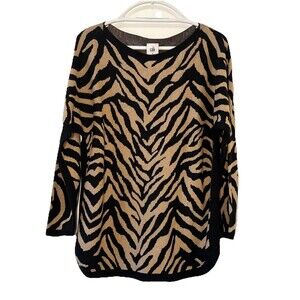 Cabi Zebra Print Sweater Medium Tan Black Animal Print 3/4 Sleeve Knit Top